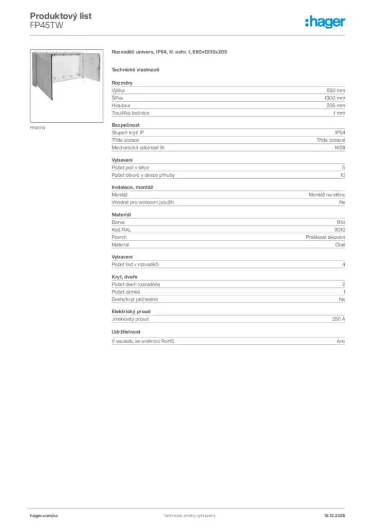 Obrázek Hager Produktový list FP45TW | Hager