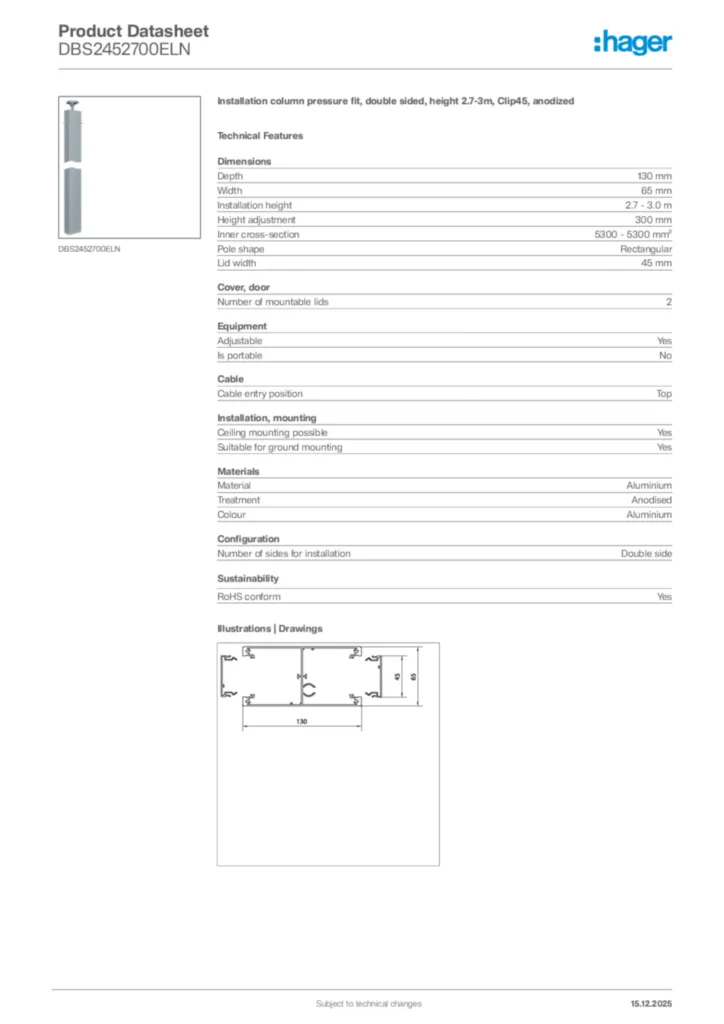 Image Hager Product data sheet DBS2452700ELN  | Hager Africa