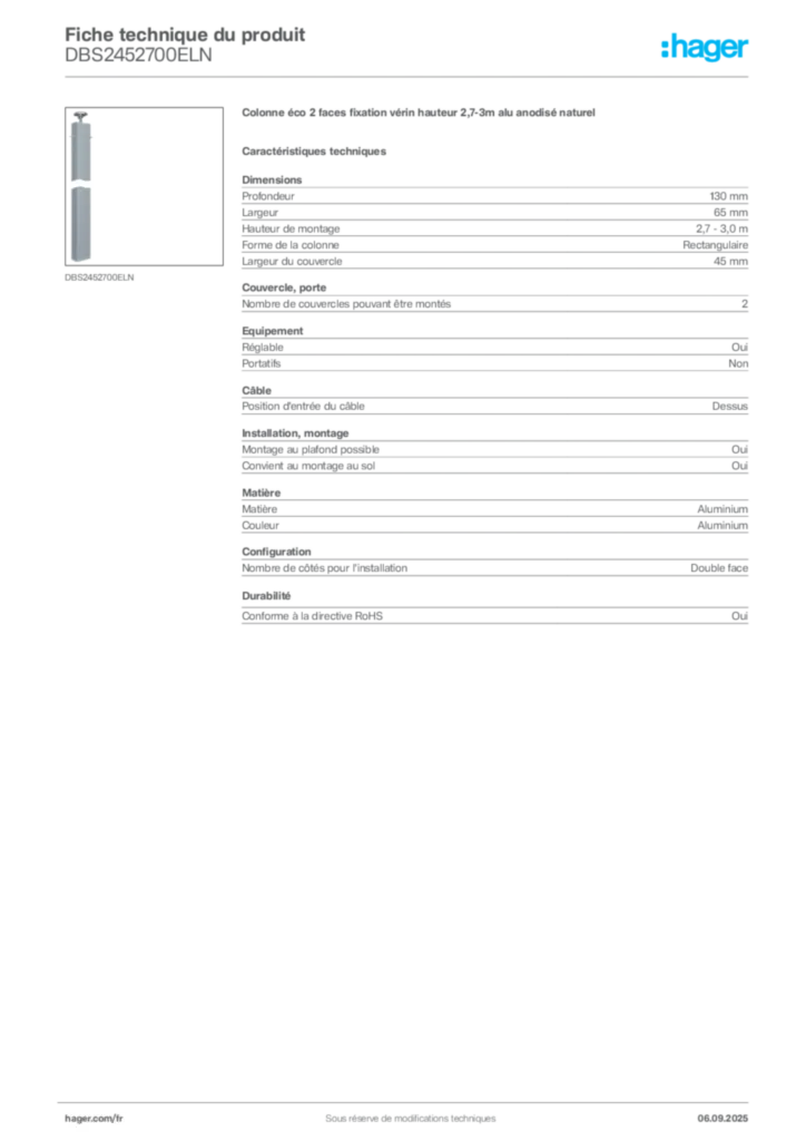 Image Hager Fiche technique du produit DBS2452700ELN | Hager France