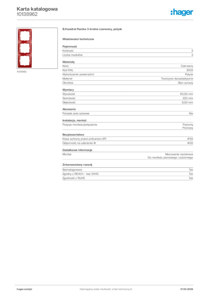 Zdjęcie Hager Karta katalogowa 10138962 | Hager Polska