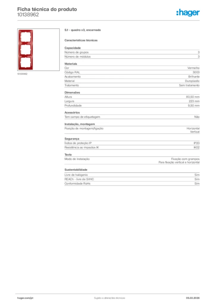 Imagem Hager Ficha técnica do produto 10138962 | Hager Portugal