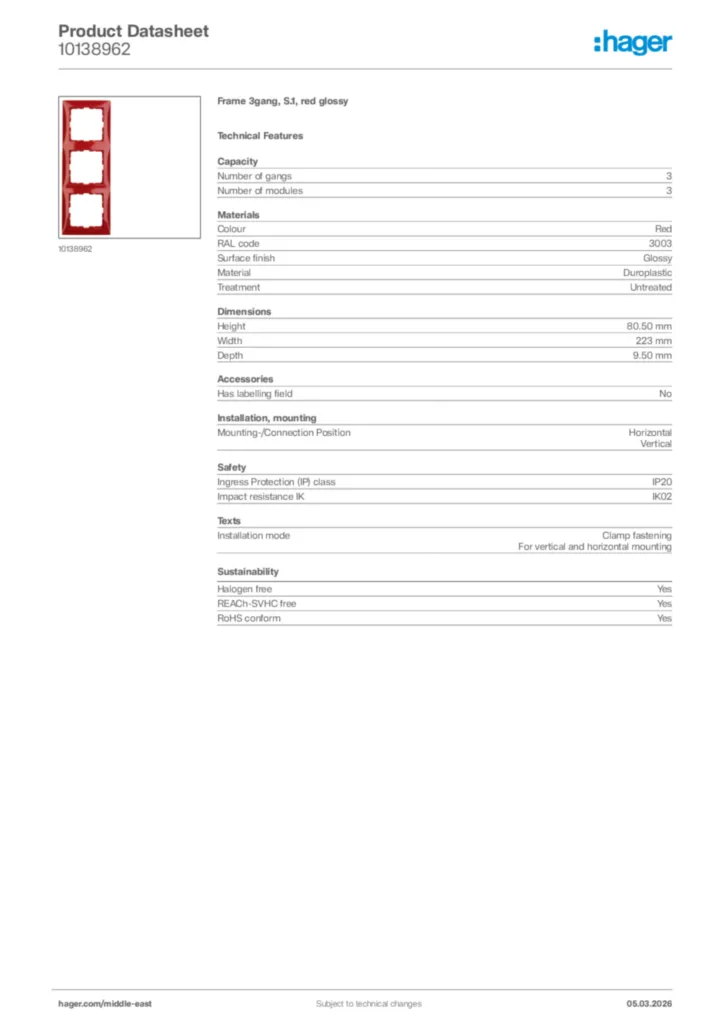 Image Hager Product data sheet 10138962  | Hager