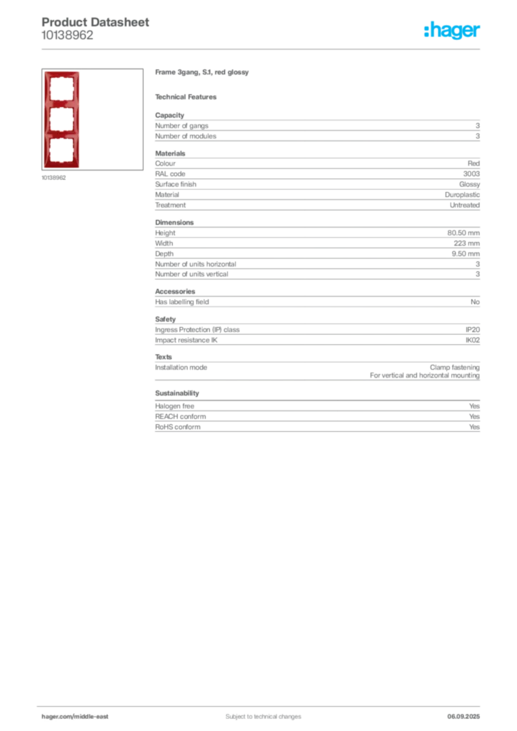 Image Hager Product data sheet 10138962  | Hager