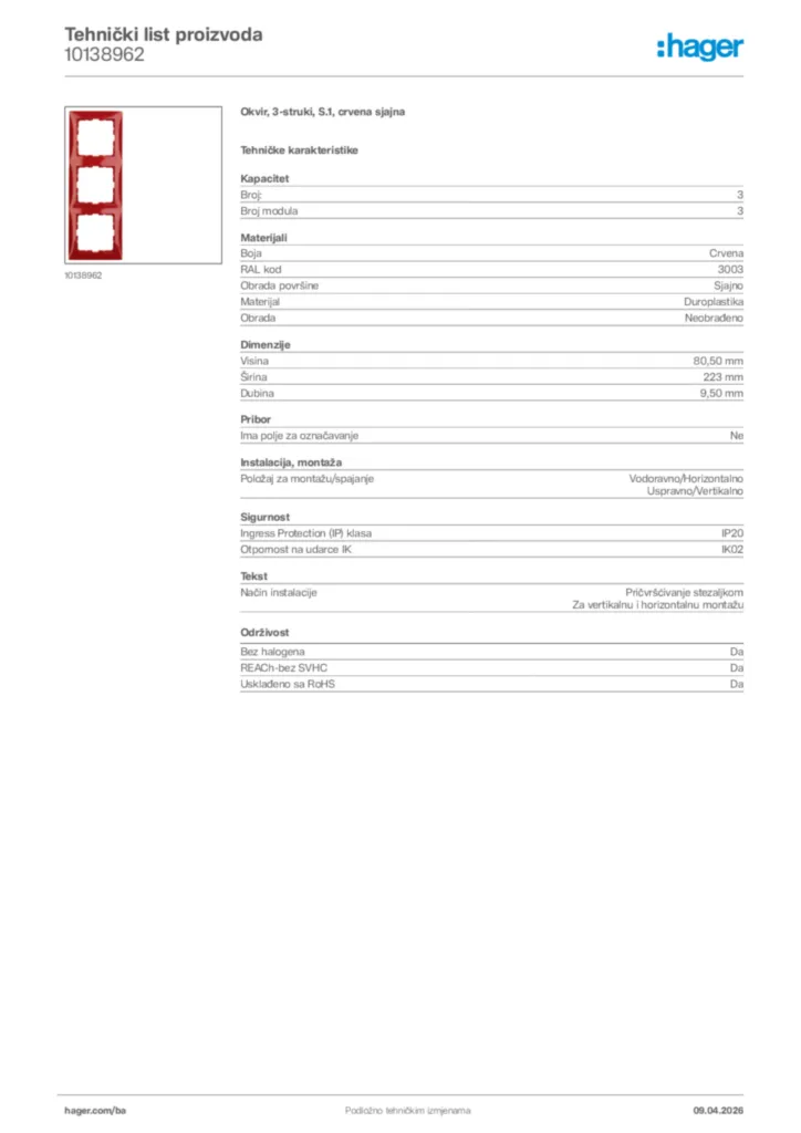 Slika Hager Tehnički list proizvoda 10138962  | Hager