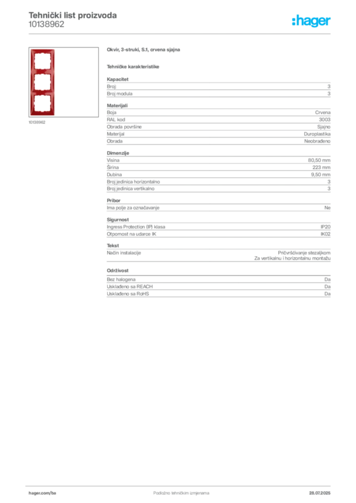 Slika Hager Product data sheet 10138962  | Hager