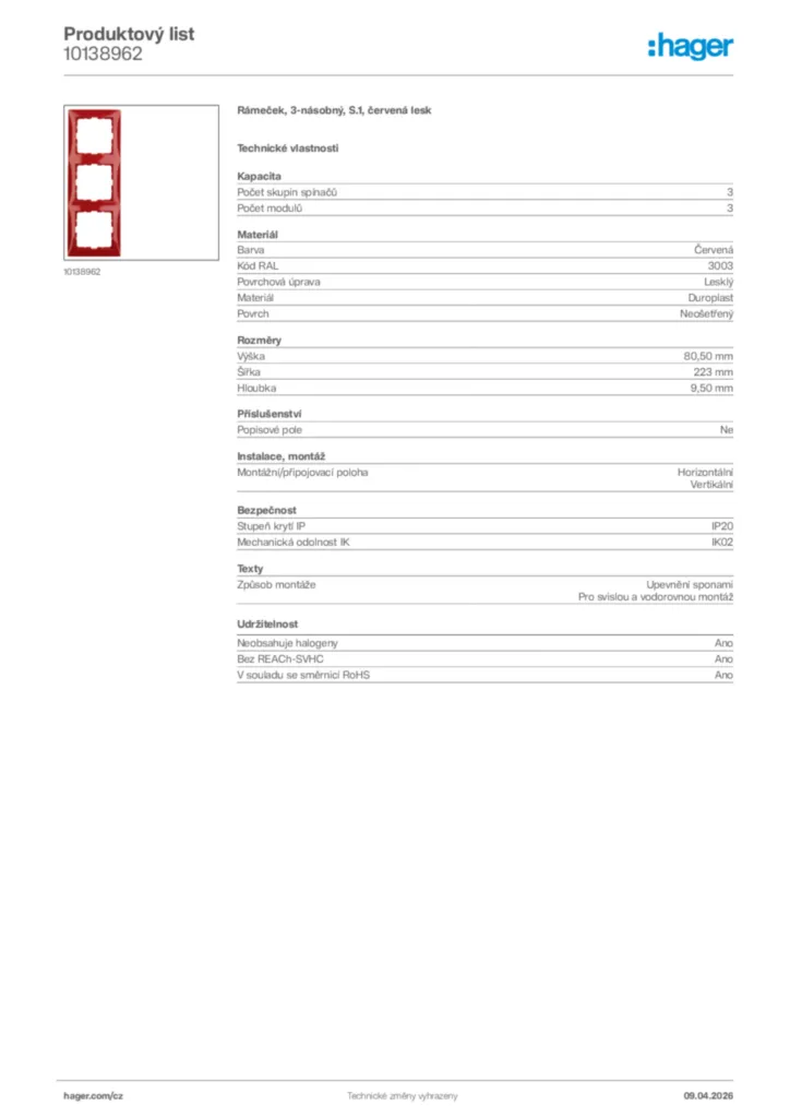 Obrázek Hager Product data sheet 10138962 | Hager