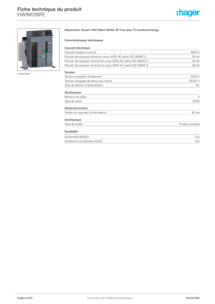 Image Hager Fiche technique du produit HW1M316FE | Hager France