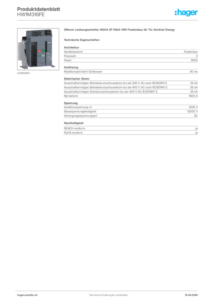 Bild Hager Produktdatenblatt HW1M316FE | Hager Schweiz