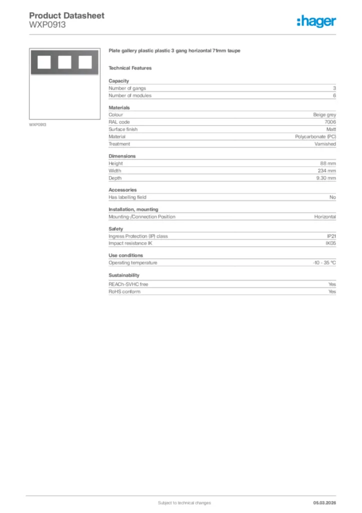 Image Hager Product data sheet WXP0913  | Hager Africa