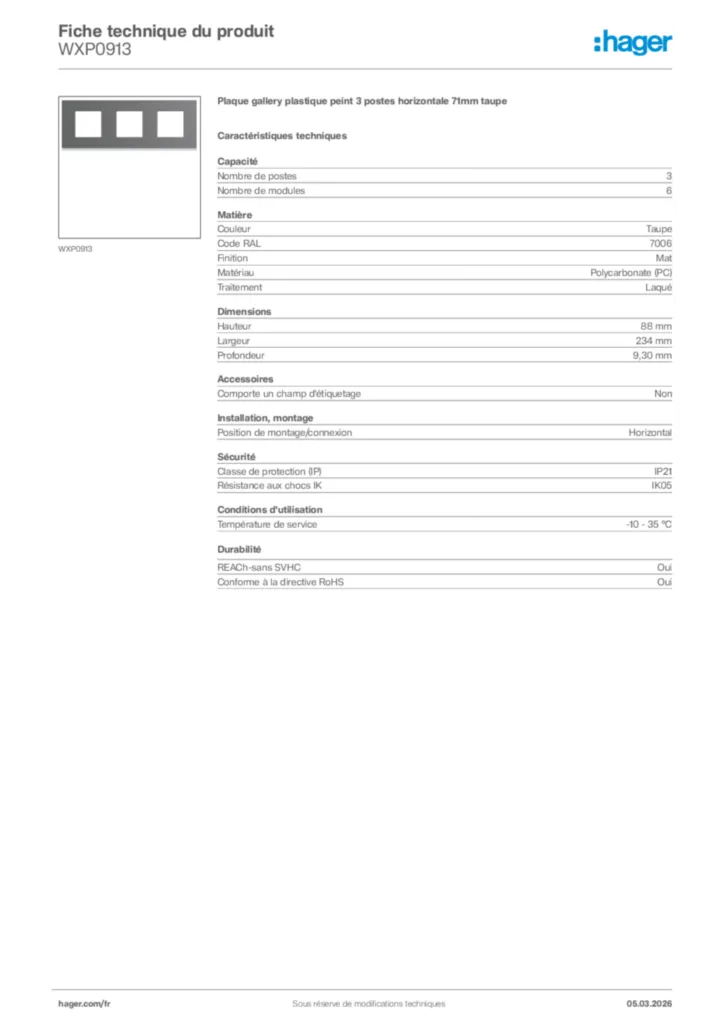 Image Hager Fiche technique du produit WXP0913 | Hager France