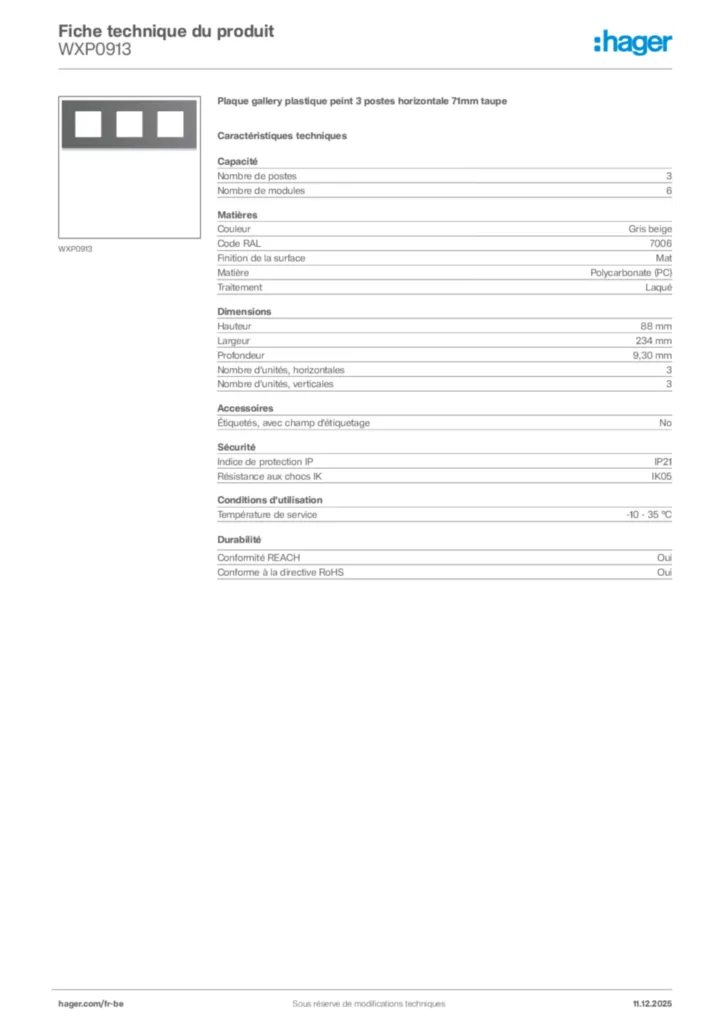 Image Hager Fiche technique du produit WXP0913 | Hager Belgique
