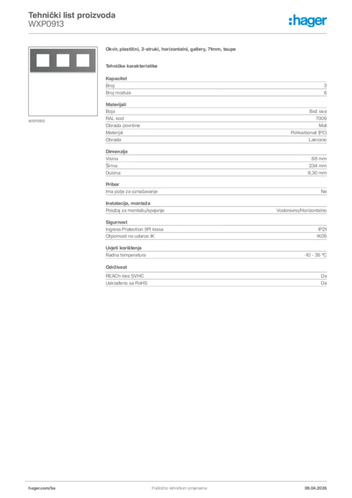 Slika Hager Tehnički list proizvoda WXP0913  | Hager