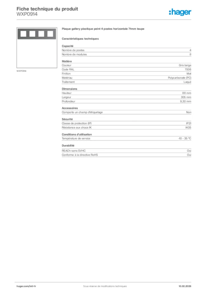 Image Hager Fiche technique du produit WXP0914 | Hager Afrique