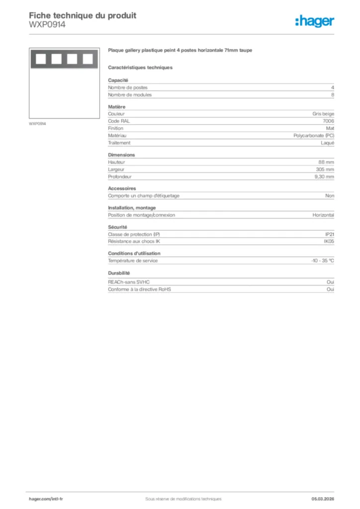 Image Hager Fiche technique du produit WXP0914 | Hager Afrique