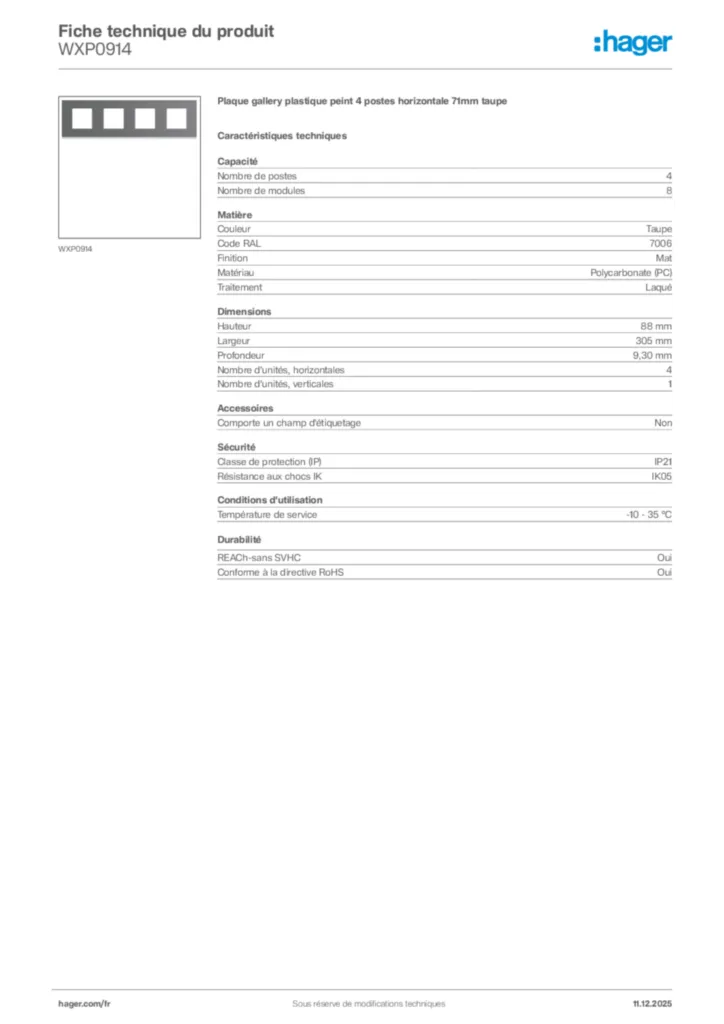 Image Hager Fiche technique du produit WXP0914 | Hager France