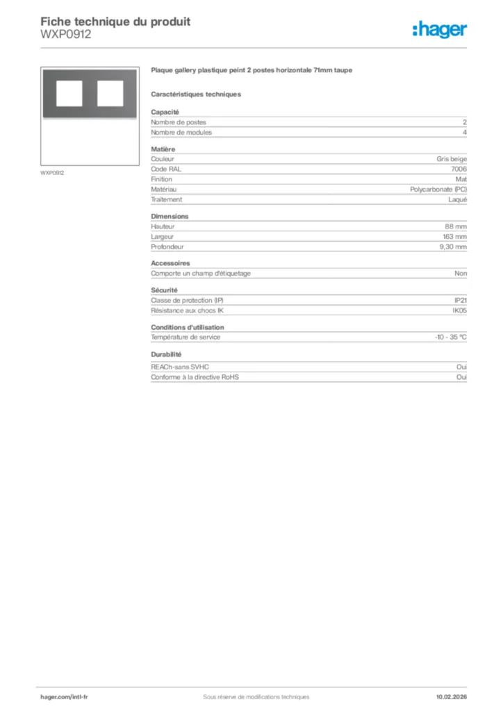 Image Hager Fiche technique du produit WXP0912 | Hager Afrique