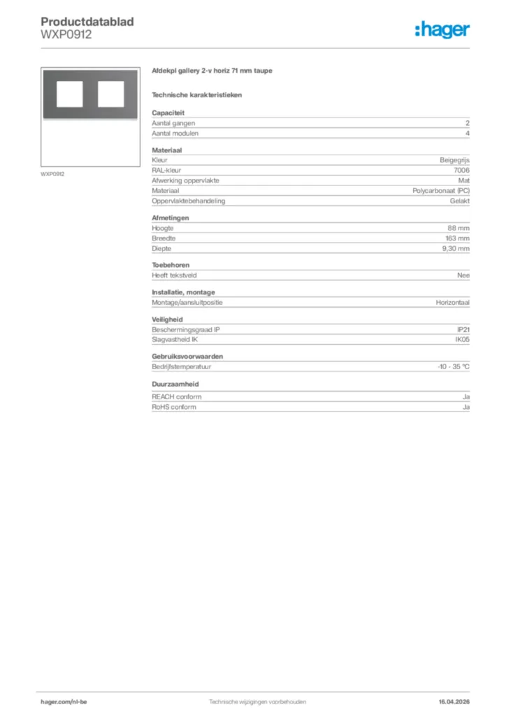 Afbeelding Hager Productdatablad WXP0912 | Hager Belgium