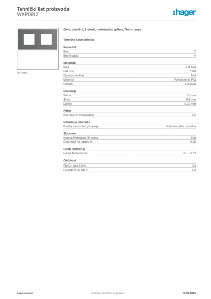 Slika Hager Tehnički list proizvoda WXP0912  | Hager