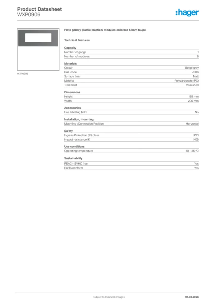 Image Hager Product data sheet WXP0906  | Hager Africa