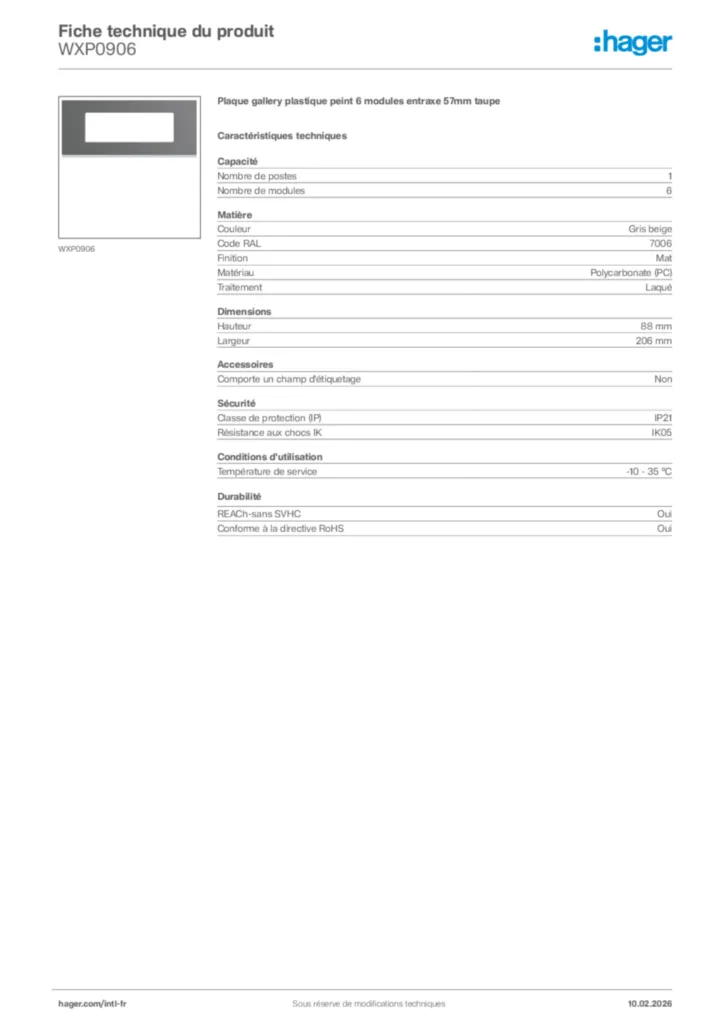 Image Hager Fiche technique du produit WXP0906 | Hager Afrique