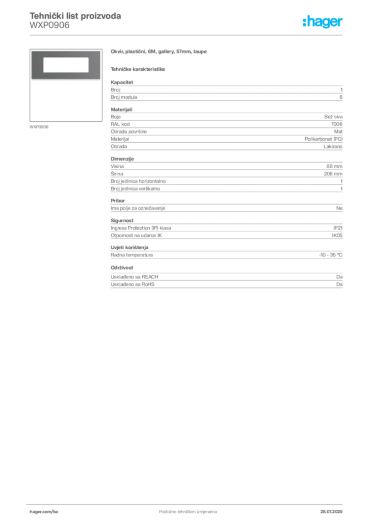Slika Hager Product data sheet WXP0906  | Hager