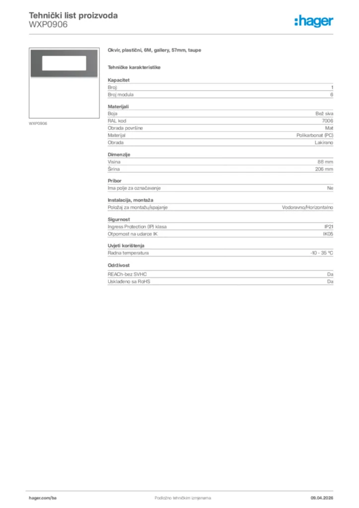 Slika Hager Tehnički list proizvoda WXP0906  | Hager