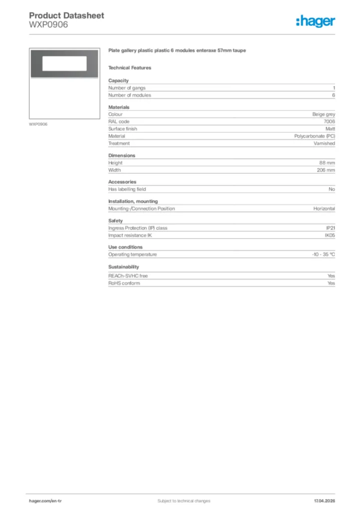 Image Hager Product data sheet WXP0906  | Hager