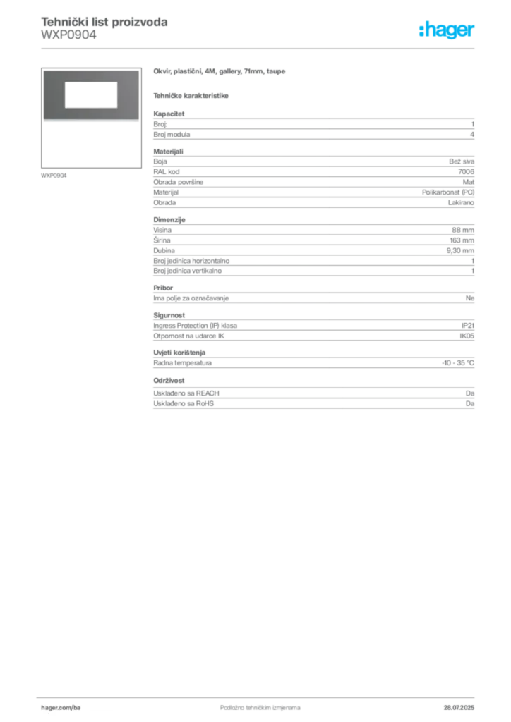Slika Hager Product data sheet WXP0904  | Hager