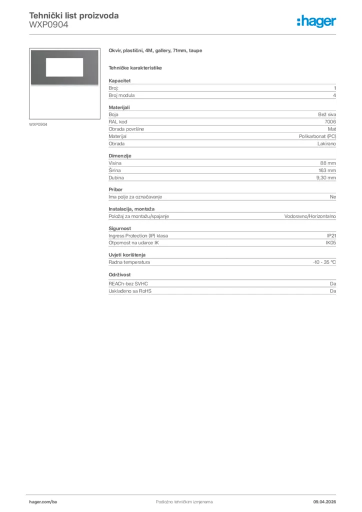 Slika Hager Tehnički list proizvoda WXP0904  | Hager
