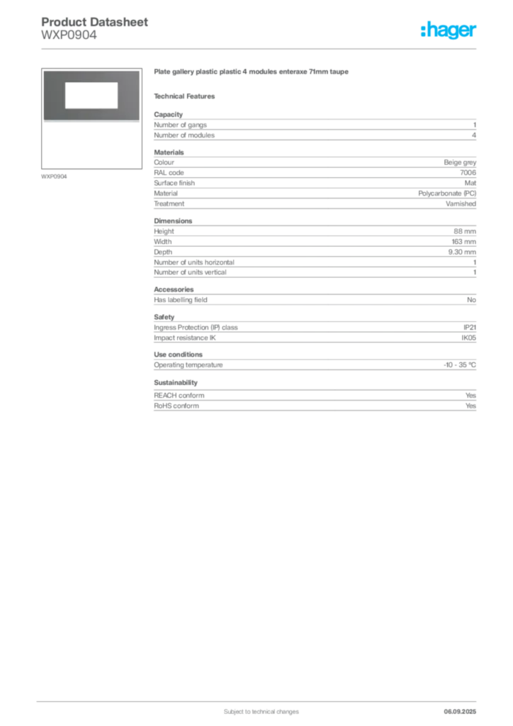 Image Hager Product data sheet WXP0904  | Hager