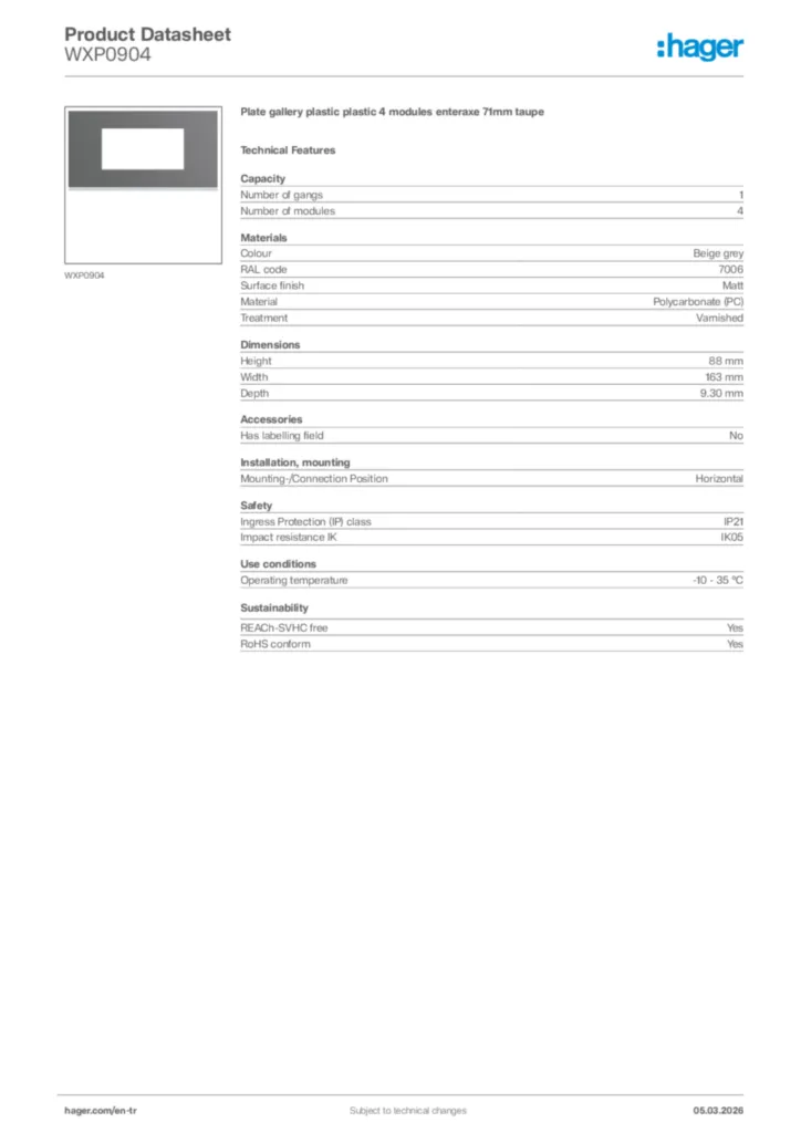 Image Hager Product data sheet WXP0904  | Hager
