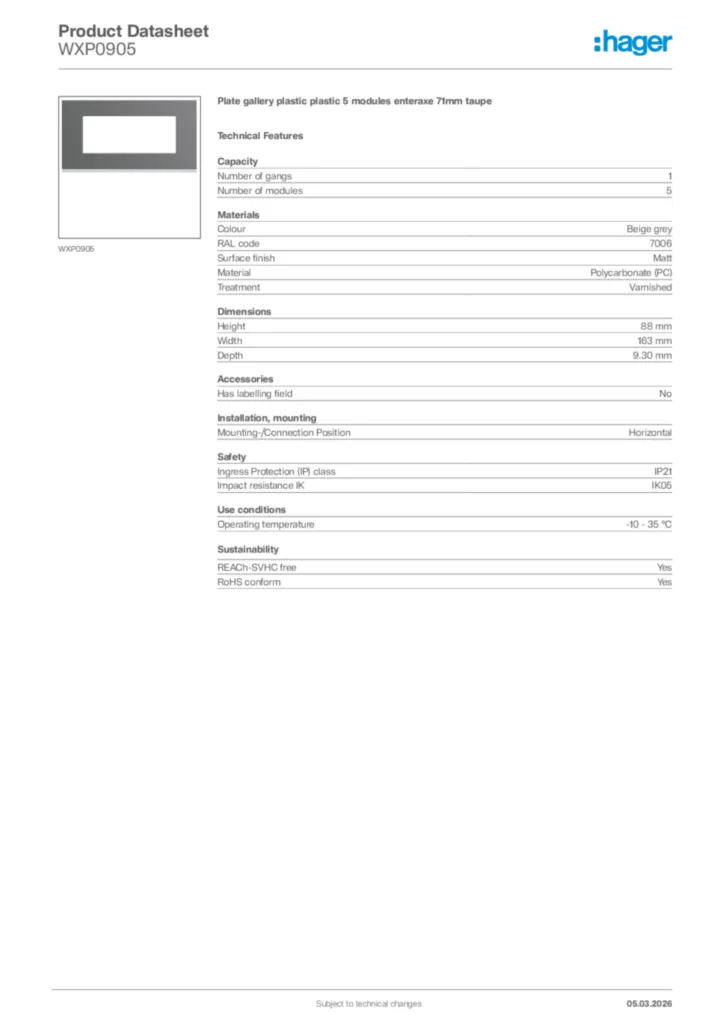 Image Hager Product data sheet WXP0905  | Hager Africa