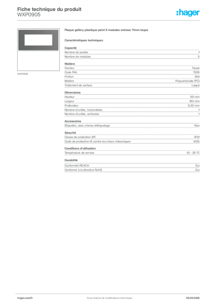Image Hager Fiche technique du produit WXP0905 | Hager France