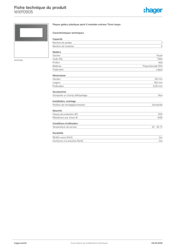 Image Hager Fiche technique du produit WXP0905 | Hager France