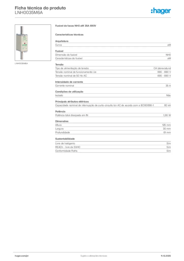 Imagem Hager Ficha técnica do produto LNH0035M6A | Hager Portugal