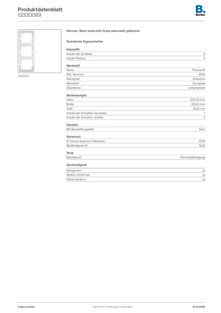 Bild Berker Produktdatenblatt 13330069 | Hager Deutschland