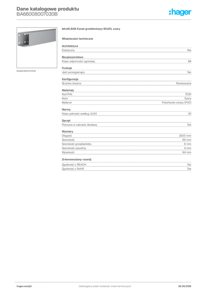 Zdjęcie Hager Karta katalogowa BA66008007030B | Hager Polska