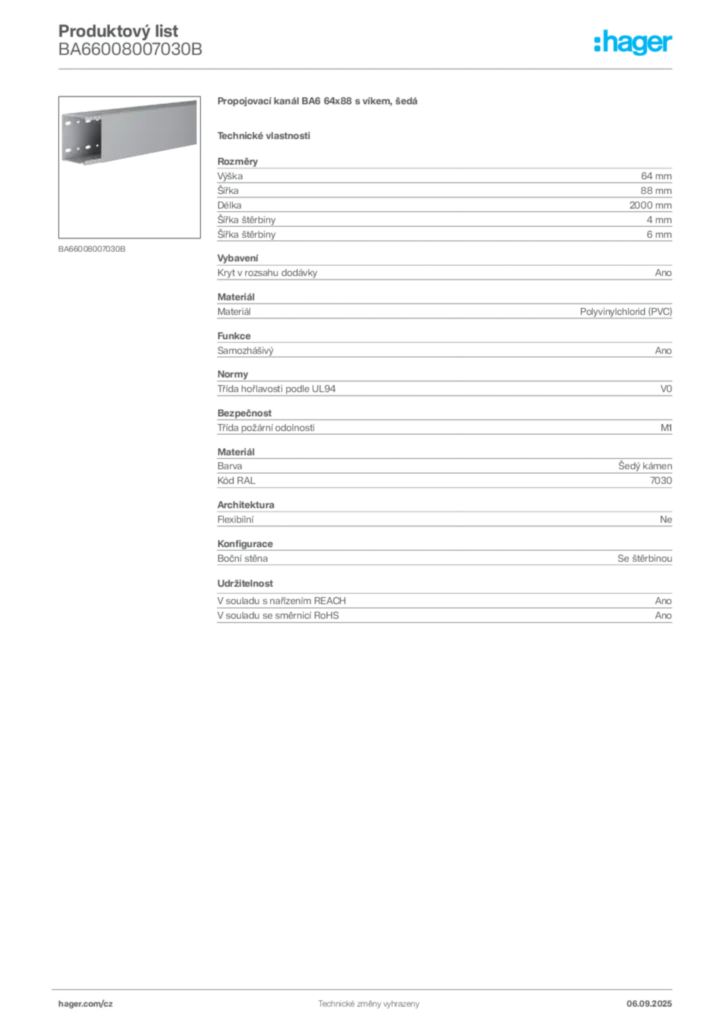 Obrázek Hager Produktový list BA66008007030B | Hager
