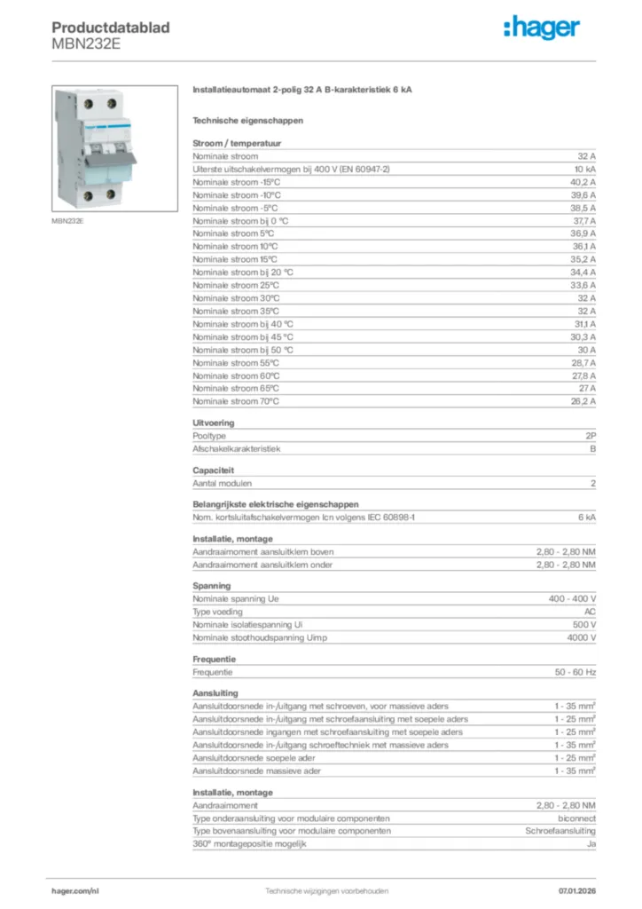 Afbeelding Hager Productdatablad MBN232E | Hager Nederland