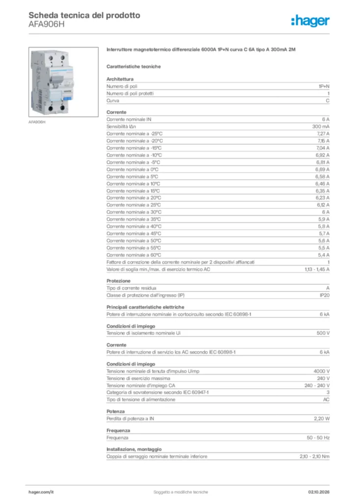 Immagine Hager Scheda tecnica del prodotto AFA906H | Hager Italia