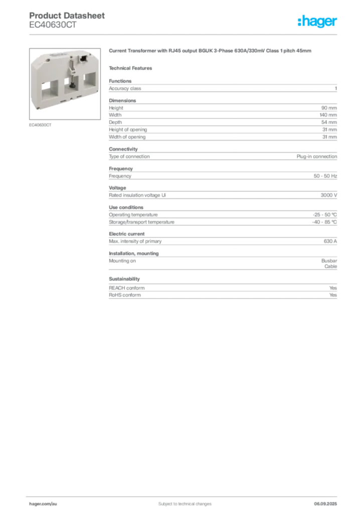 Image Hager Product data sheet EC40630CT  | Hager Australia