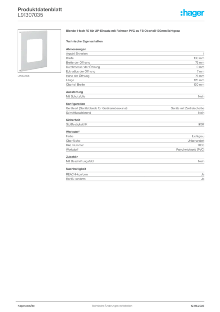 Hager Produktdatenblatt L91307035