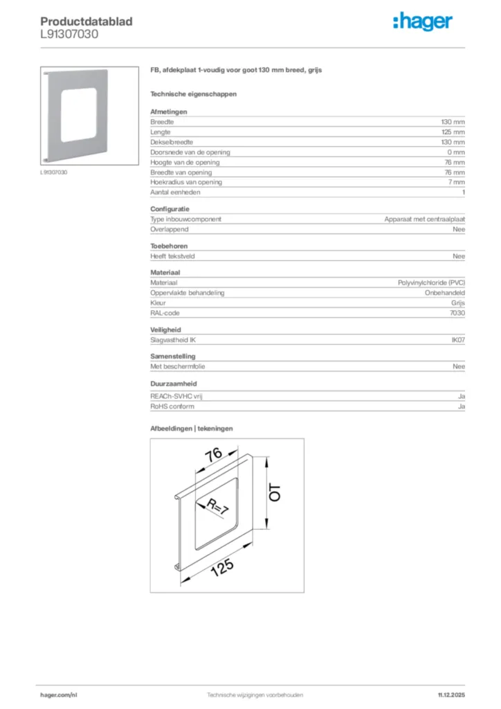 Afbeelding Hager Productdatablad L91307030 | Hager Nederland