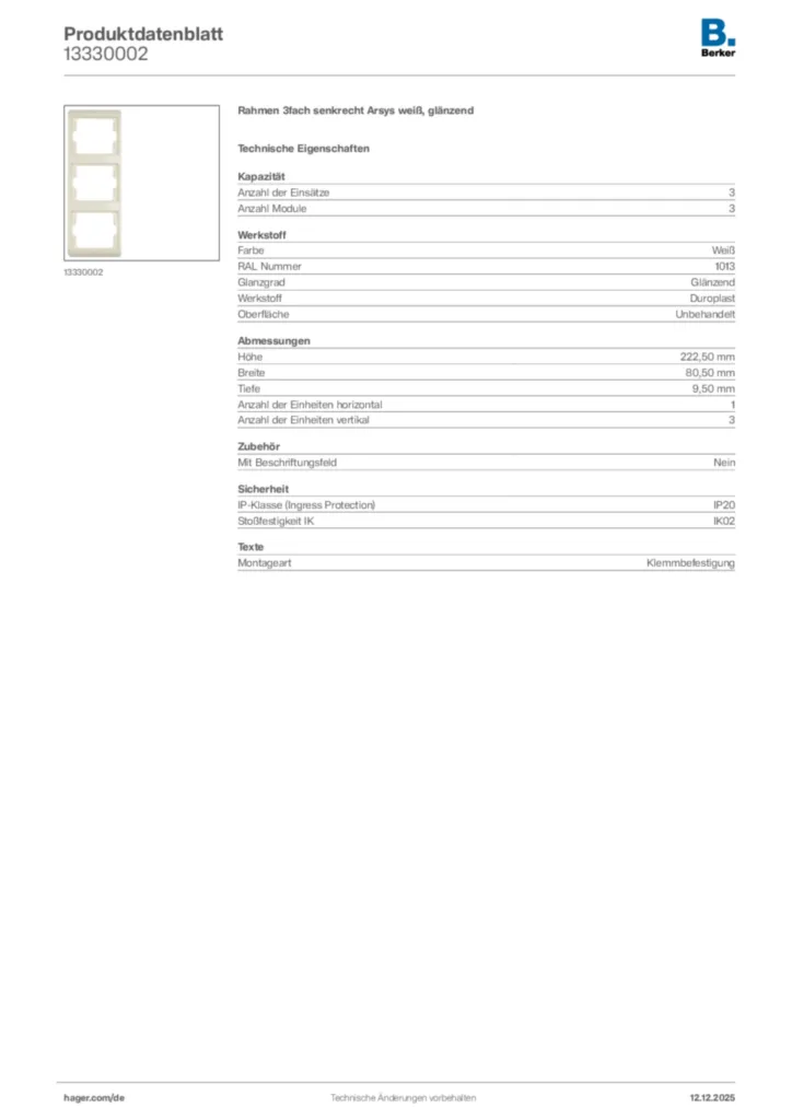 Bild Berker Produktdatenblatt 13330002 | Hager Deutschland
