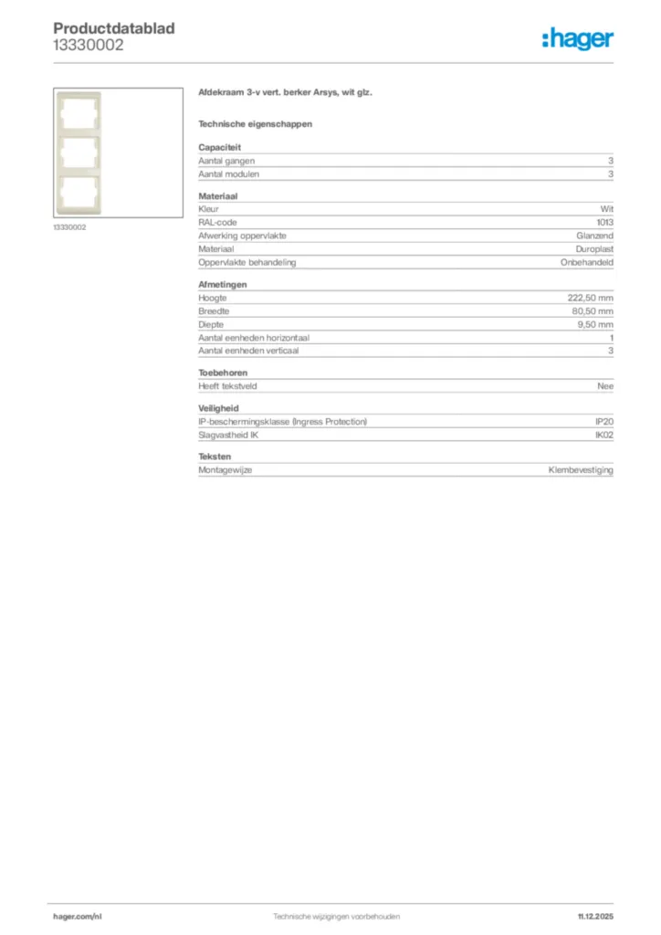 Afbeelding Hager Productdatablad 13330002 | Hager Nederland