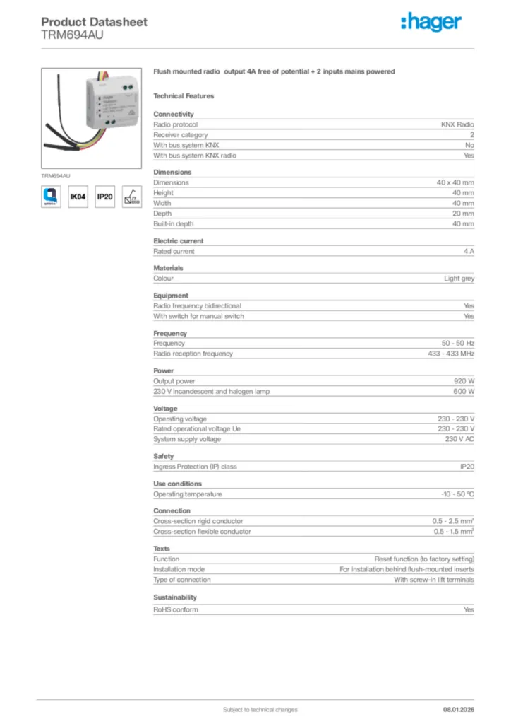 Image Hager Product data sheet TRM694AU  | Hager Africa