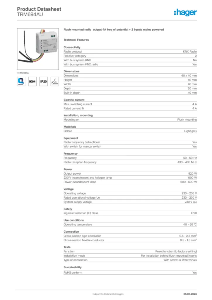 Image Hager Product data sheet TRM694AU  | Hager Africa