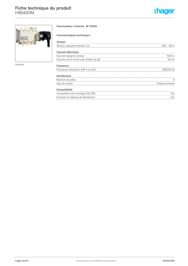 Image Hager Fiche technique du produit HIB490M | Hager France