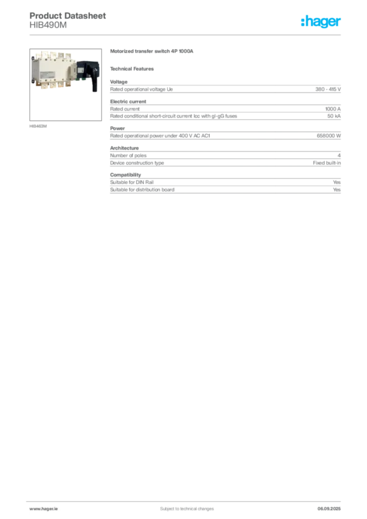 Image Hager Product data sheet HIB490M  | Hager