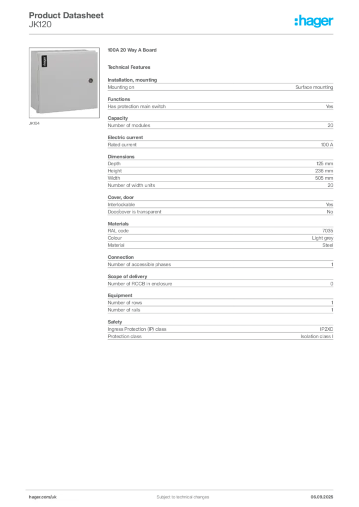 Image Hager Product data sheet JK120  | Hager